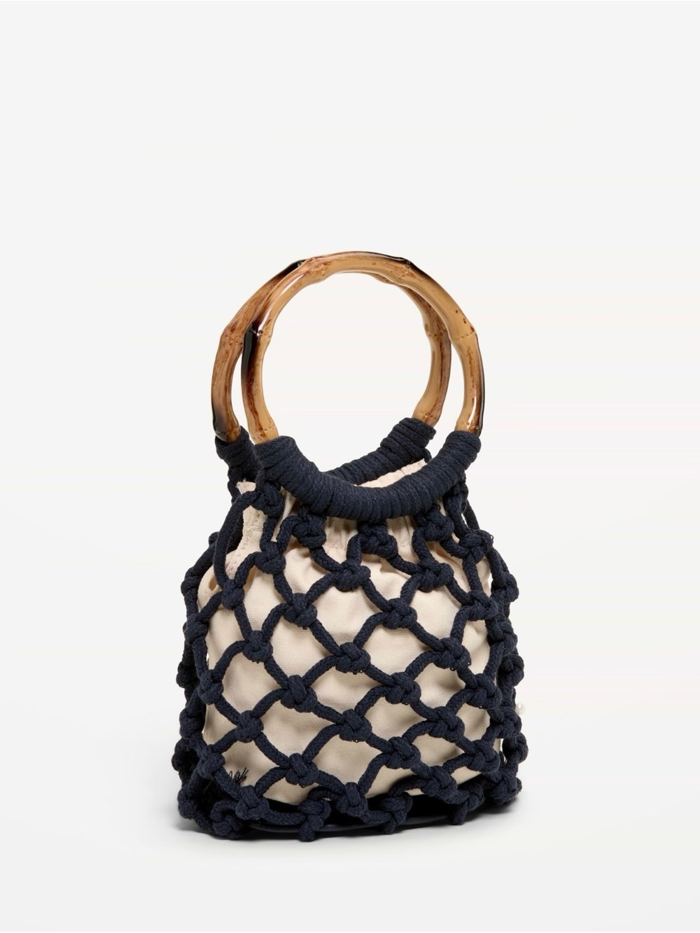 Old Navy Navy Blue Macrame Ring Handle Tote Bag Bamboo Handle NWOT